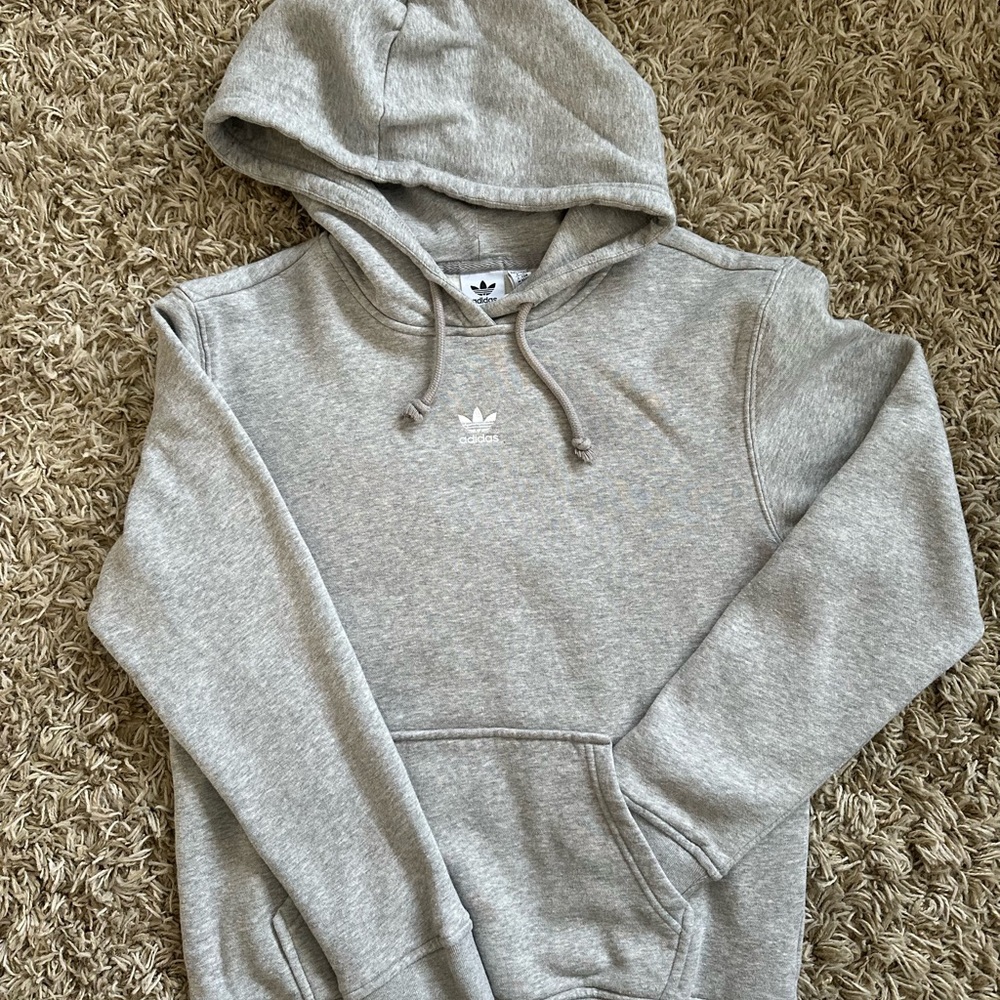Adidas Essentials, Gray Fleece Hoodie— Small logo women’s XS